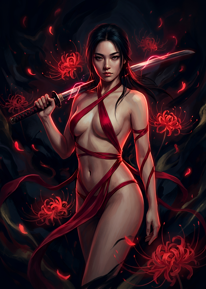 Warrior Woman with Katana and Flowers