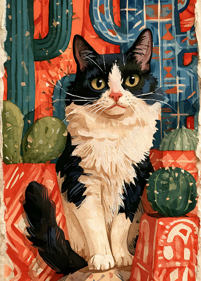 Black and White Cat Among Cacti