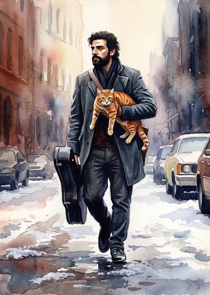 Musician Cat Winter Watercolor Art