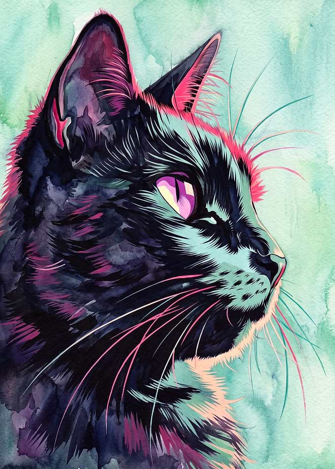 Black Cat Watercolor Neon Poster