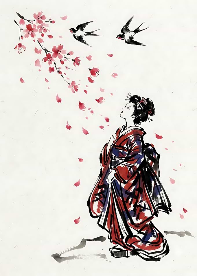 Geisha Watching Cherry Blossoms and Swallows