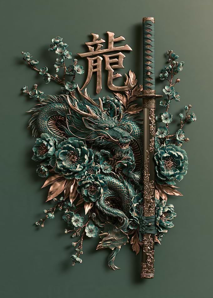 Dragon and Katana Floral Art