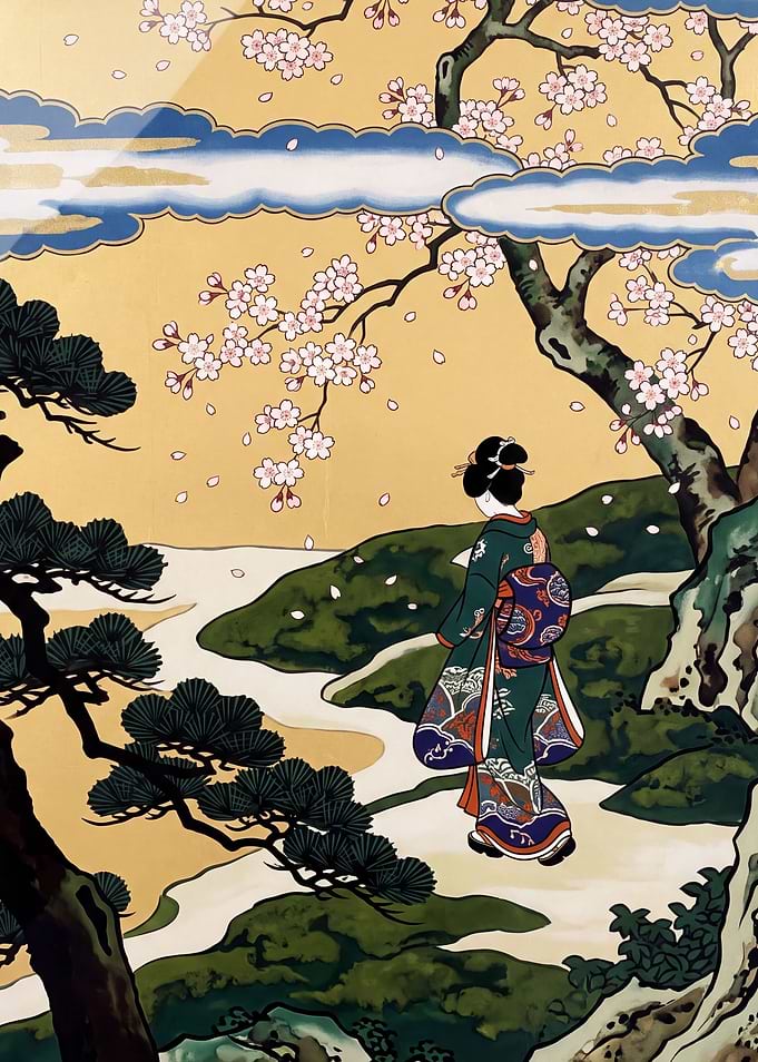 Rinpa Woman Walking Beneath Falling Blossom