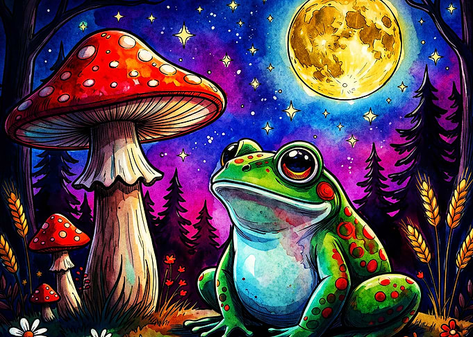 Frog Mushroom Moon Fantasy Art