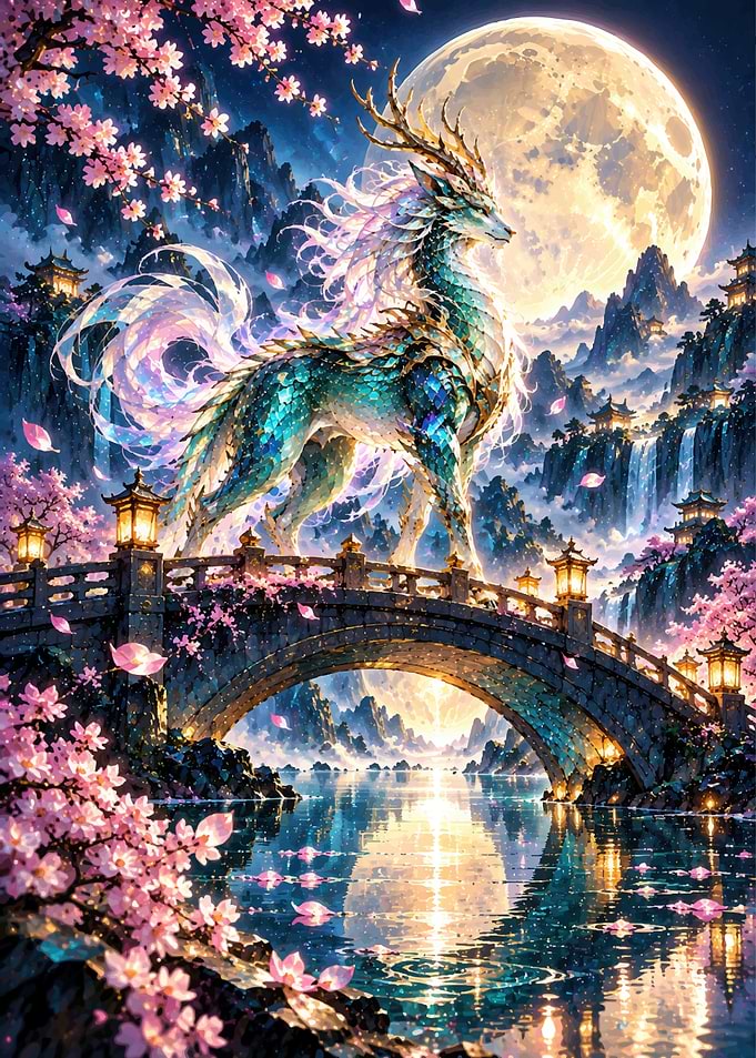 Mythical Qilin on Moonlit Bridge