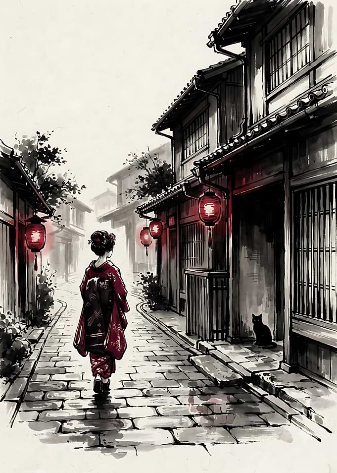 Geisha walking through traditional Japanese street