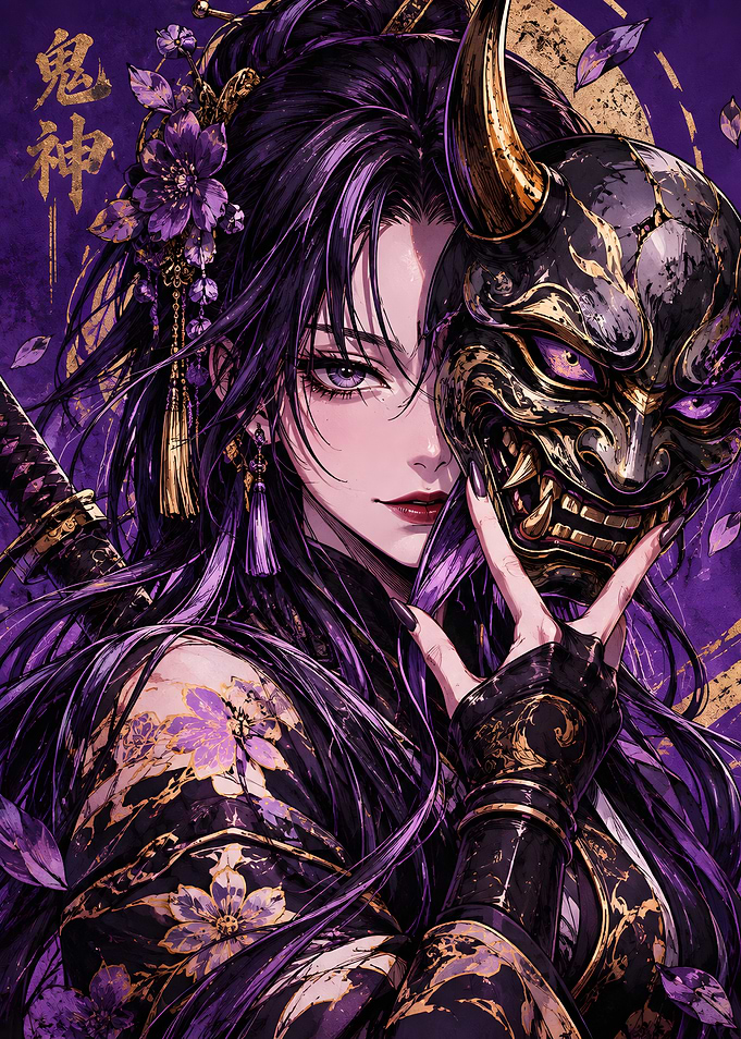 Purple Oni Mask Samurai Woman