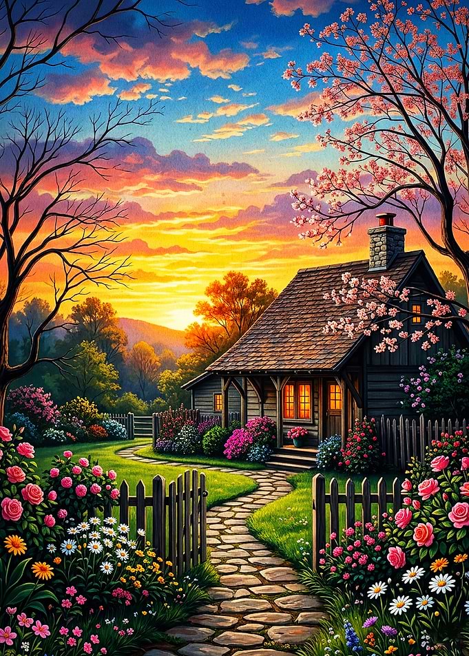 Sunset Cottage Spring Landscape Art