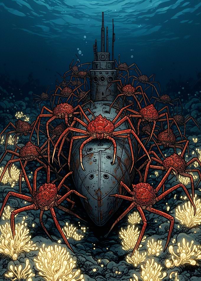 Submarine Surrounded by Giant Crabs