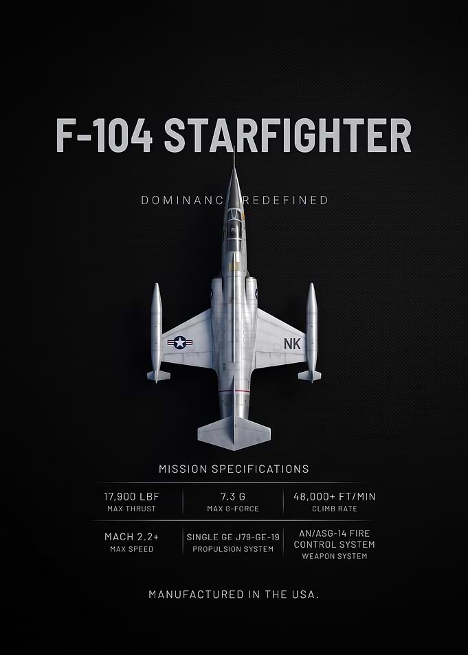 black background minimalist f104 Starfighter Technical Poster