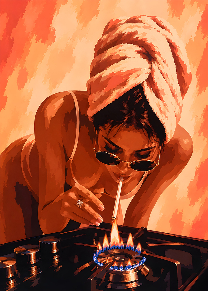 Woman Lighting Cigarette on Stove