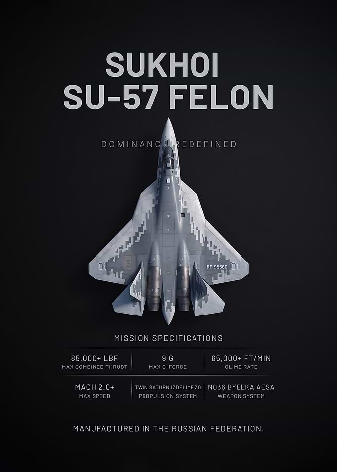 black background minimalist sukhoi Su57 Felon Technical Poster