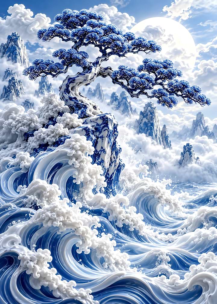 Porcelain Bonsai Tree Amidst Ocean Waves