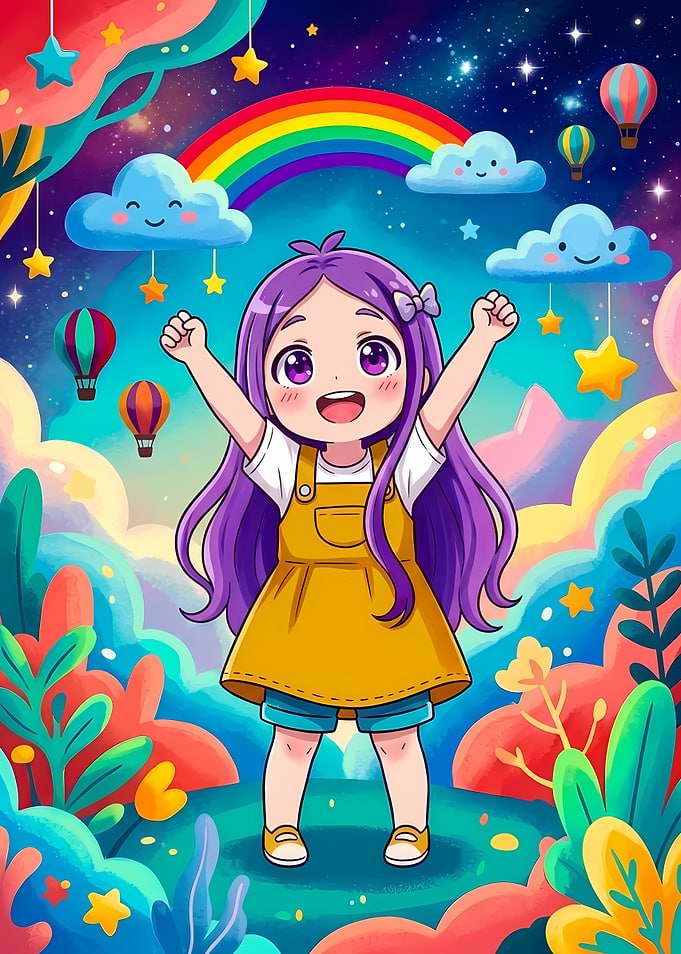 Happy Anime Girl in Magical Landscape