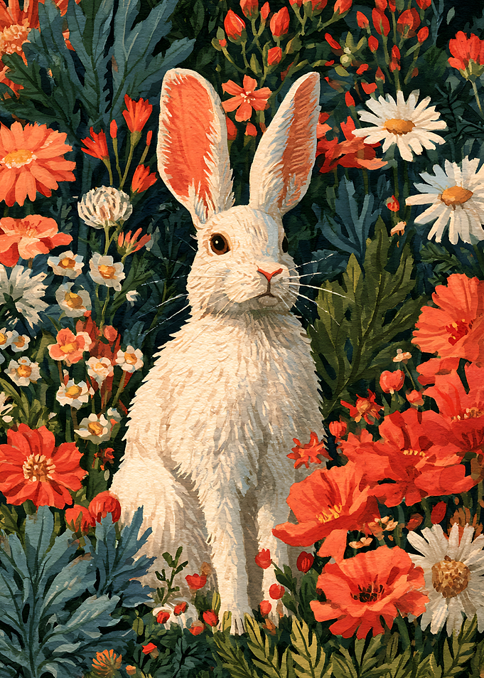 White Rabbit in Vibrant Floral Garden
