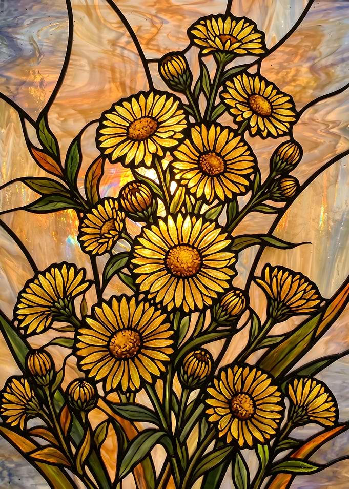 Girasoles Dibujo - Stained Glass Yellow Daisy Floral