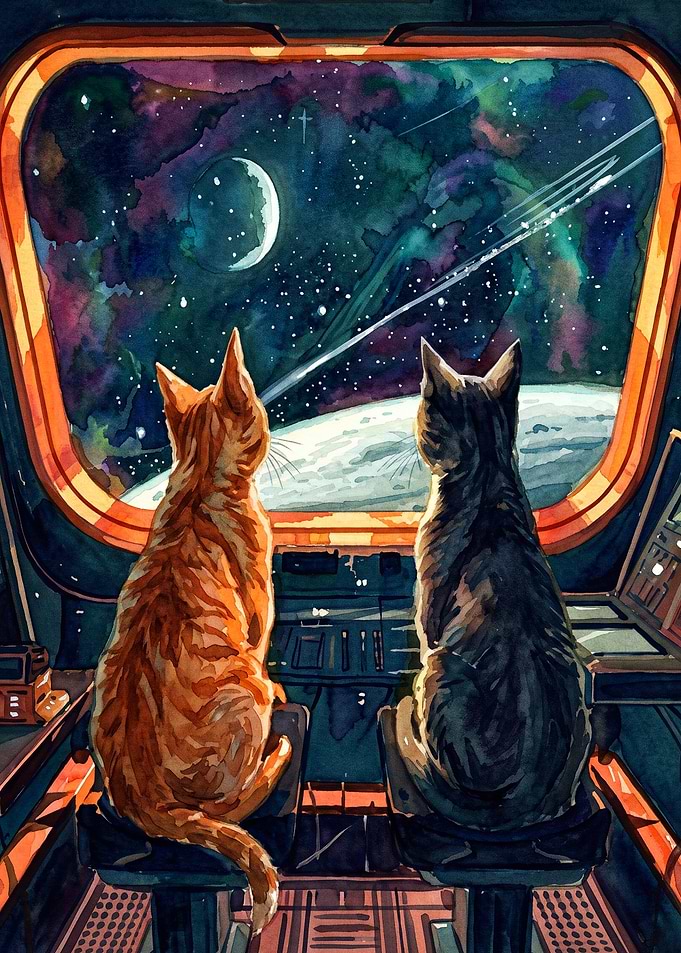 Cats Space Watercolor Poster