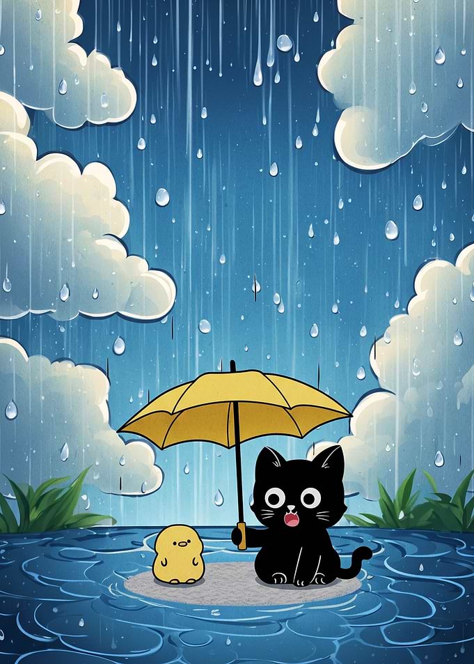 Black Cat and Chick in Rain