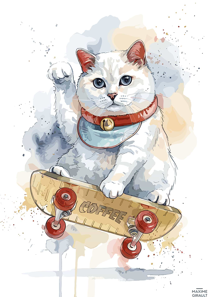 Skateboarding Lucky Cat Illustration