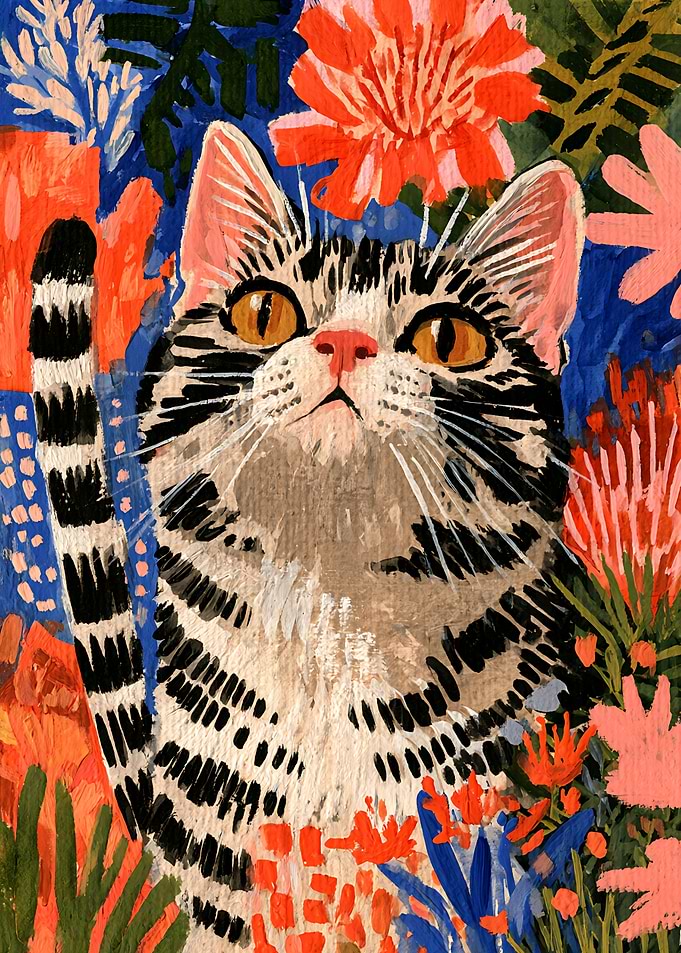 Tabby Cat in Vibrant Floral Garden