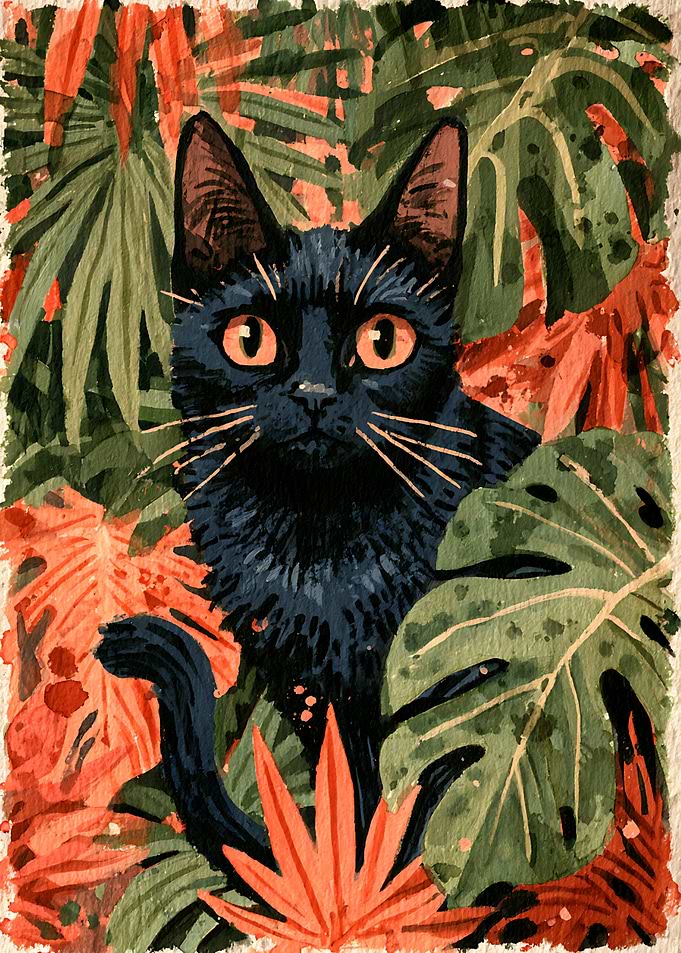 Black Cat in Tropical Foliage