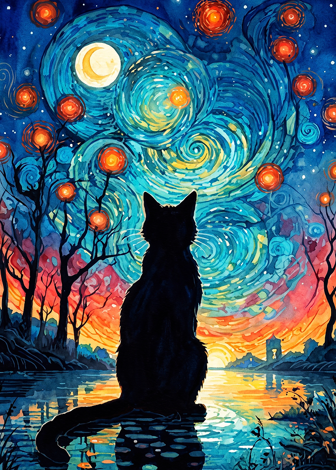 Cat Starry Night Oil Painting Poste