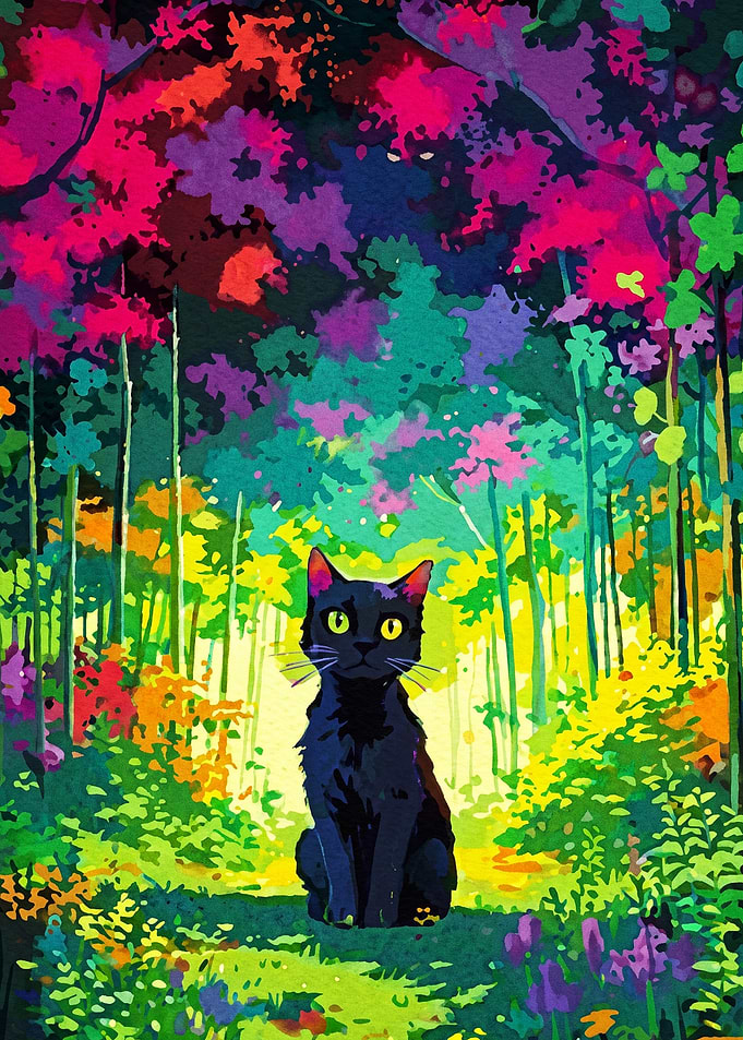 Black Cat Neon Forest Art Poster