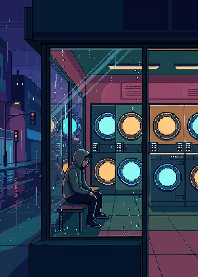 Lonely Person in Rainy Laundromat