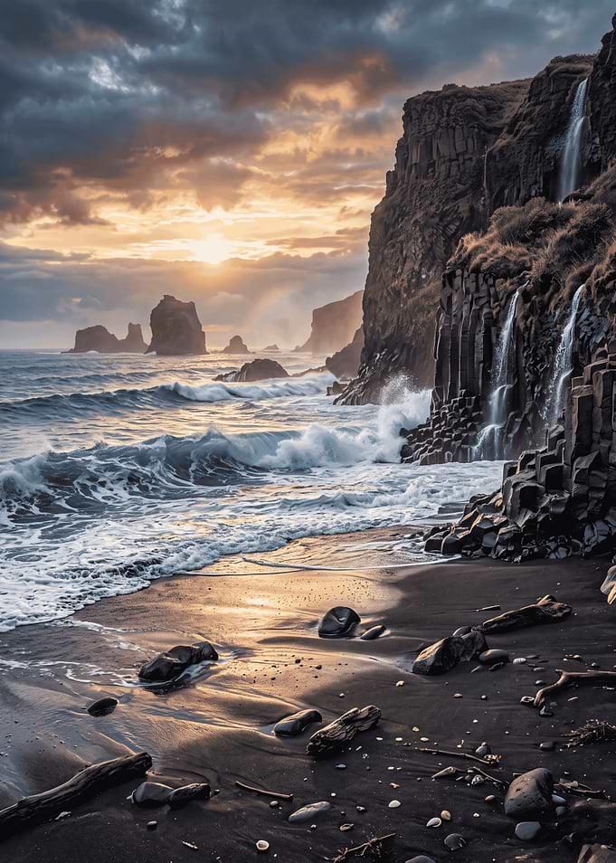 Dramatic Sunset at Icelandic Black Beach