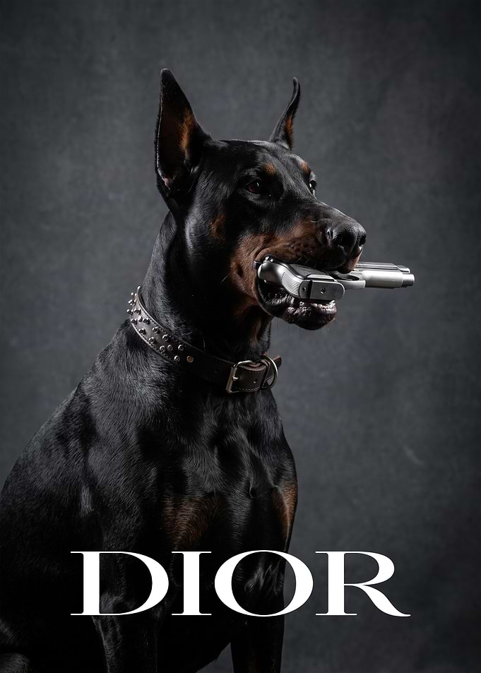 Doberman dog with Gun Dior Poster