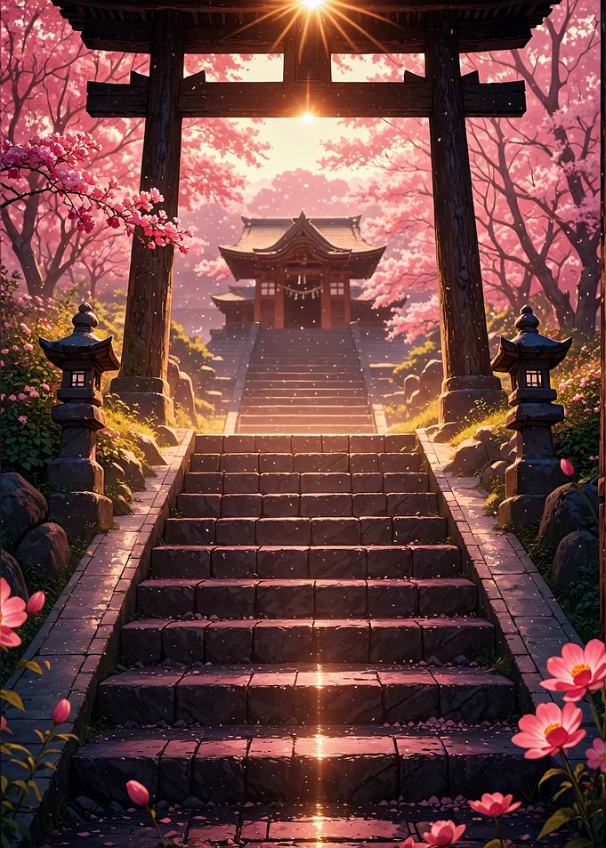 Serene Japanese Temple at Sunset Sakura Cherry Blossom