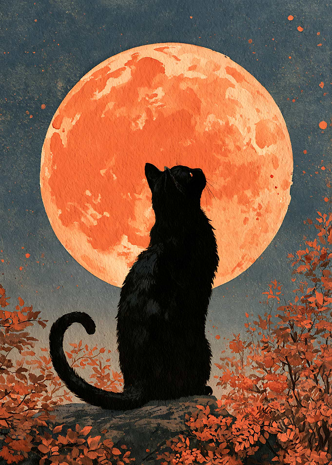 Black Cat Under Orange Moon