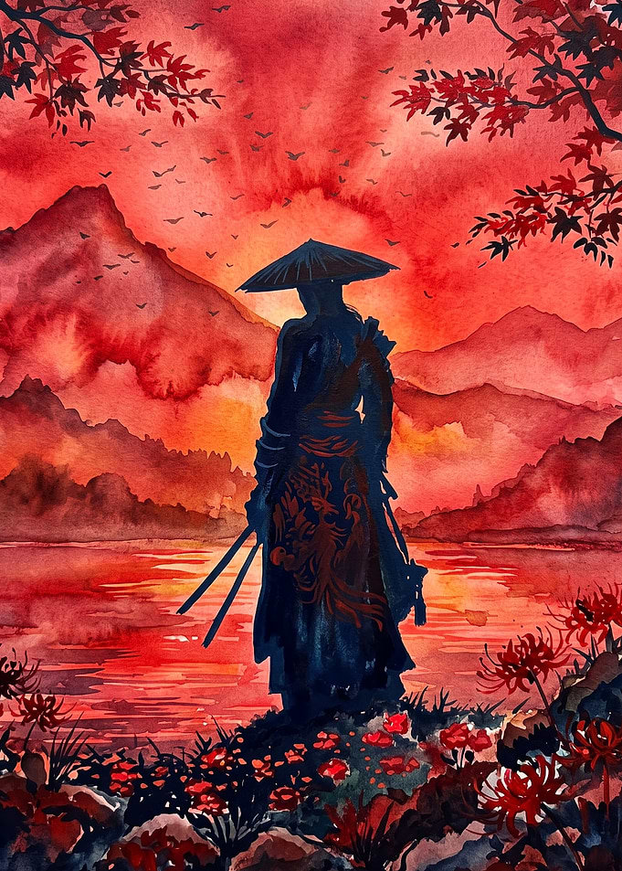 Samurai Sunset Watercolor Art