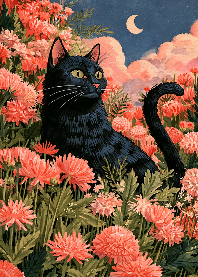 Black Cat in Pink Flower Field