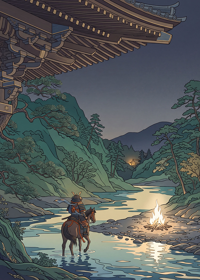 Nihonga Mounted Warrior Fording a Dusk River