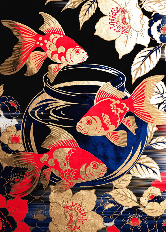 Goldfish and Floral Japanese Art