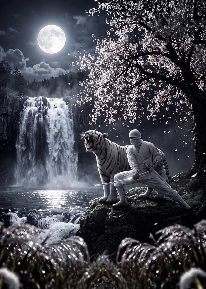 White Ninja and Tiger by Waterfall