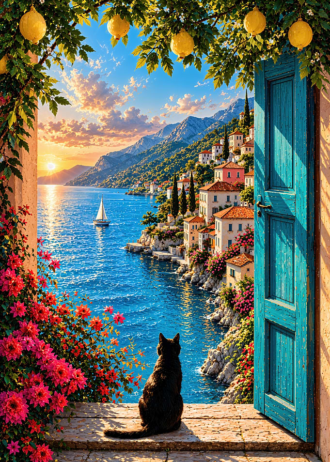 Black Cat Overlooking Mediterranean Coast