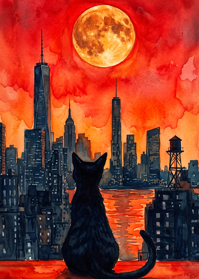 Cat City Skyline Watercolor Art
