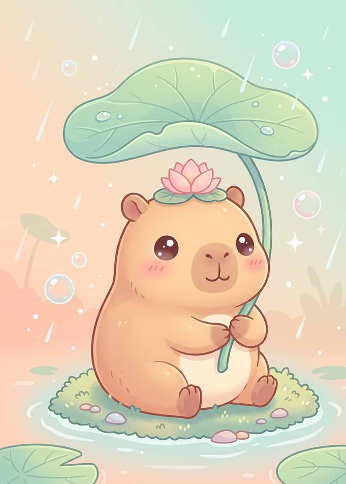 Cute Capybara Under Lotus Leaf