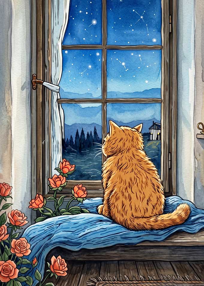 Cat Window Stargazing Watercolor Ar