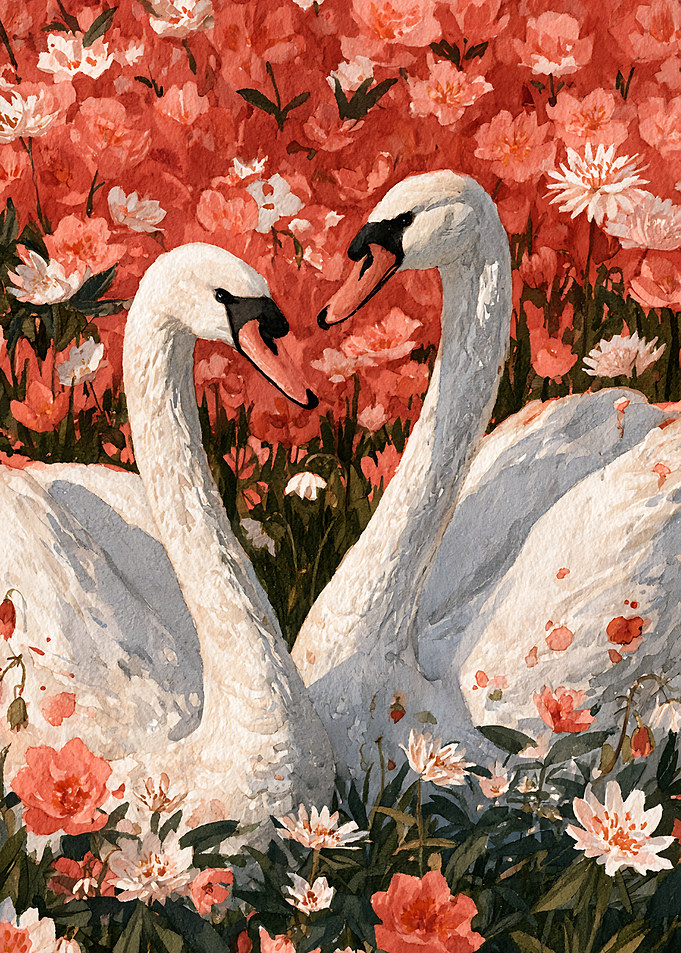 Two Swans in a Floral Garden