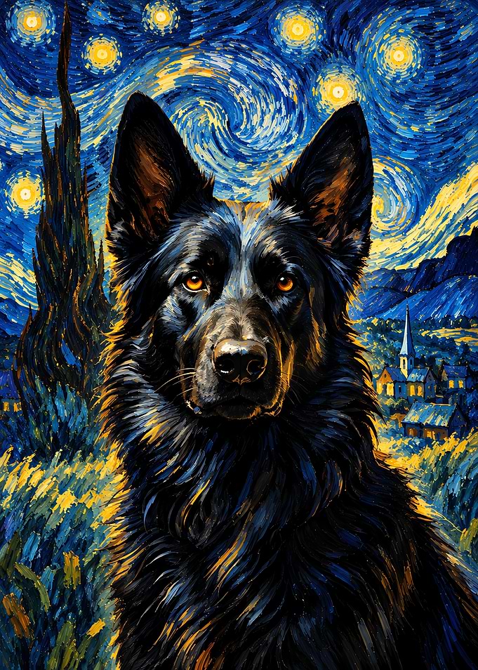 German Shepherd in Starry Night Style
