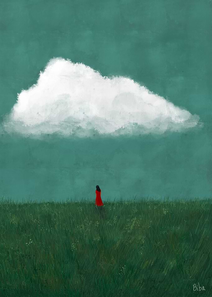 Woman in Red Dress Under Cloud