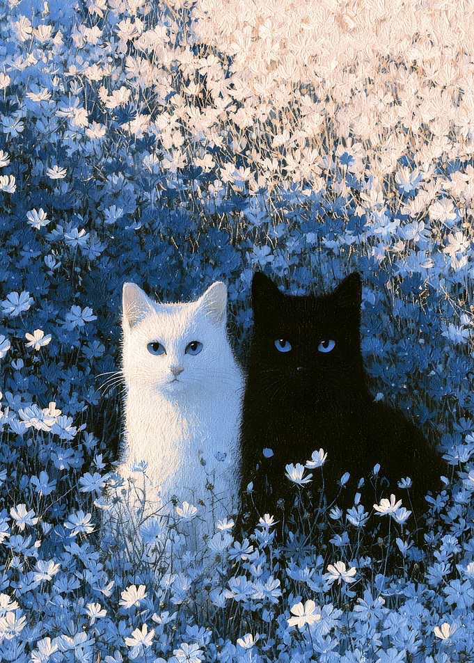 Black and White Cats in Flowers