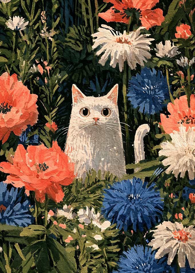 White Cat in Floral Garden