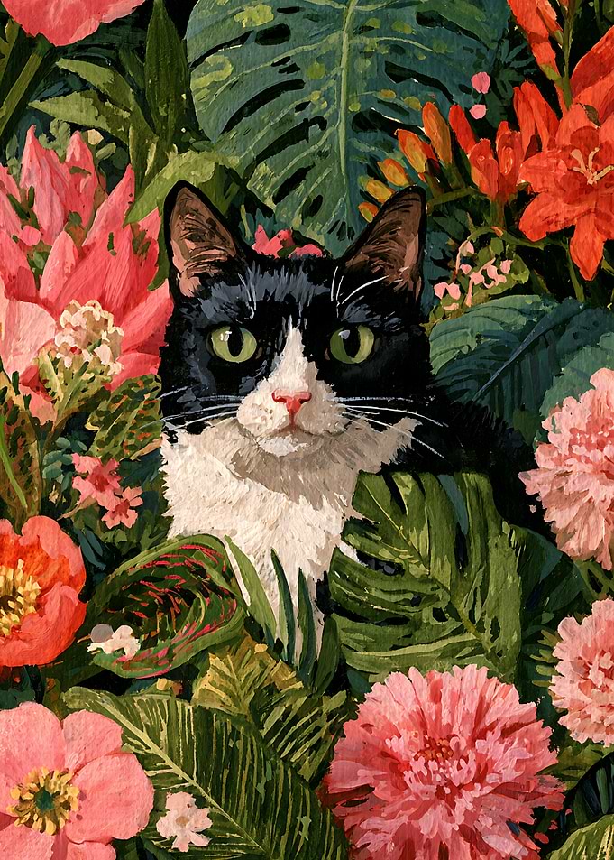 Tuxedo Cat in Tropical Garden