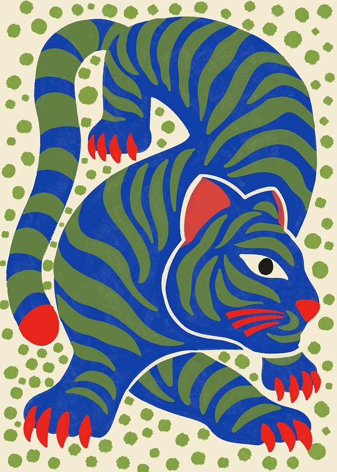 Stylized Blue and Green Whimsical Tiger Illustration