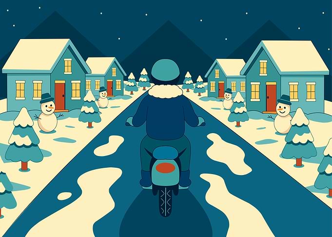 Winter Motorcycle Ride Through Village