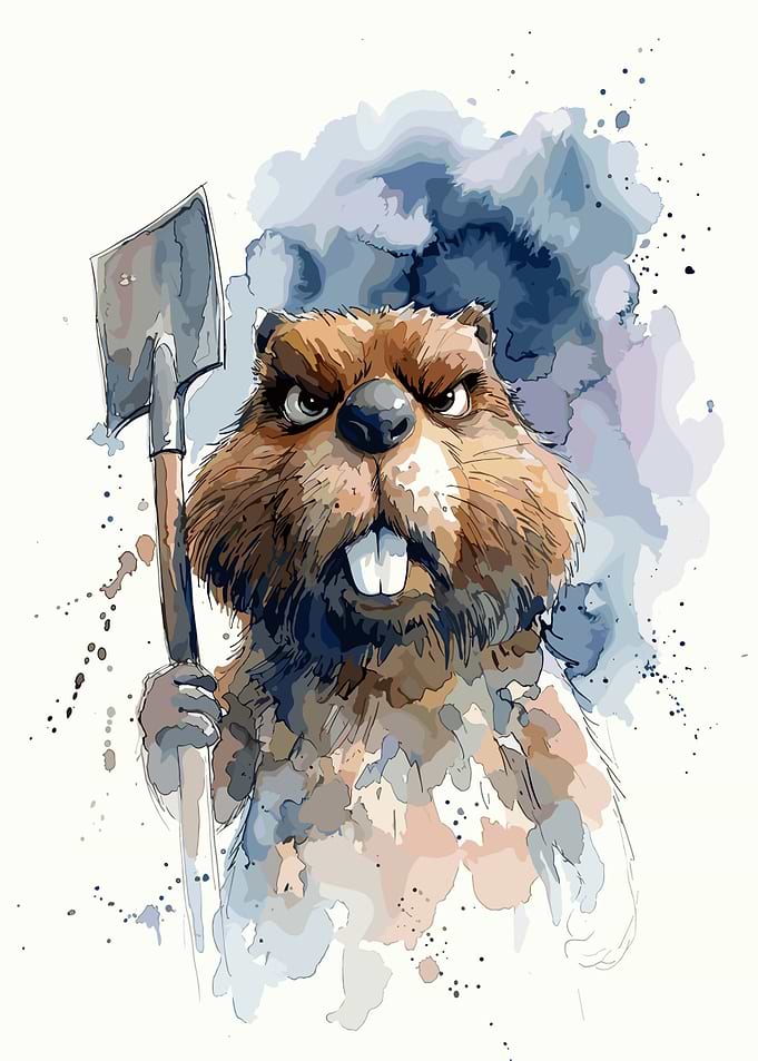 Grumpy Beaver Holding a Shovel